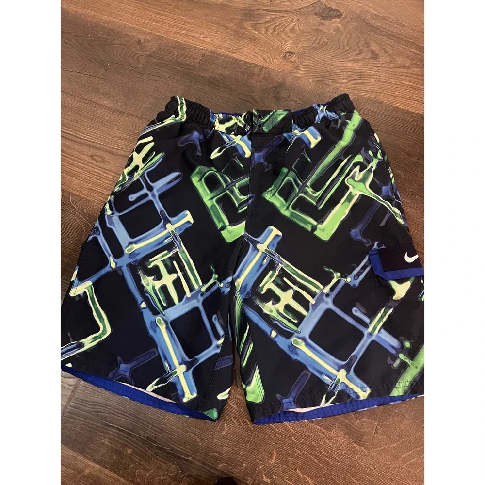 Nike Mens Abstract Geometric Print Swim‎ Trunks Blue Green Board Shorts Size M